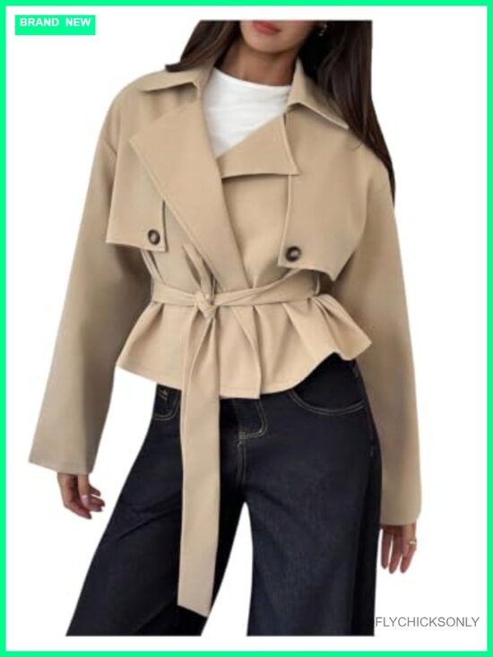 Jackets & Blazers - Cropped Trench Coat Long Sleeve Belt Business Casual Work Outerwear